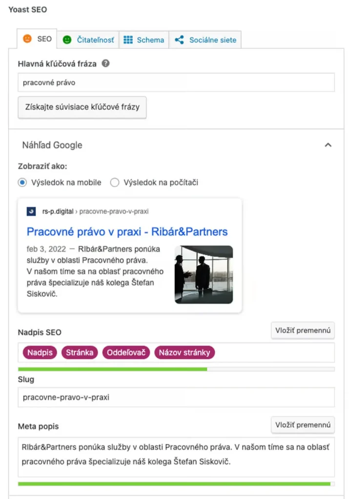 Nastavenia SEO pomocou pluginu Yoast SEO v systéme WordPress.